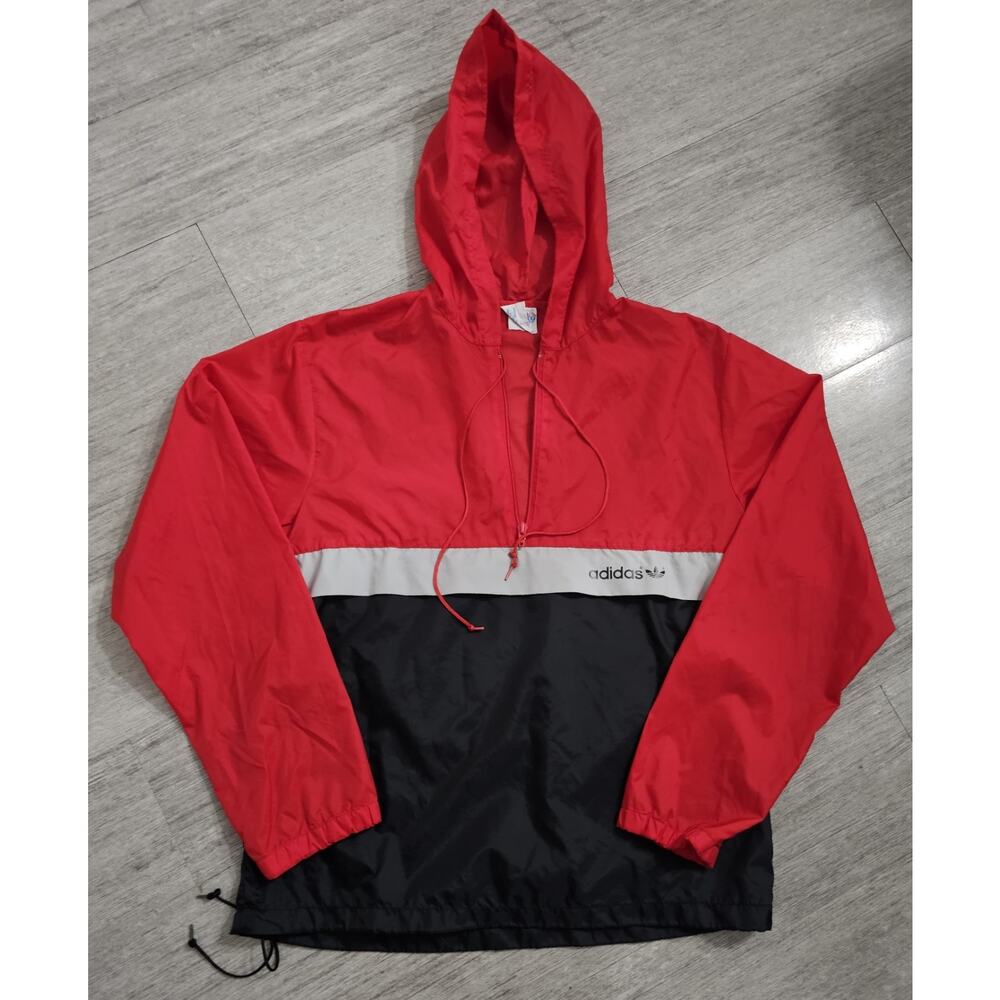 Vintage Adidas Originals Windbreaker Jacket Red Black Hooded Pullover Men Size S
